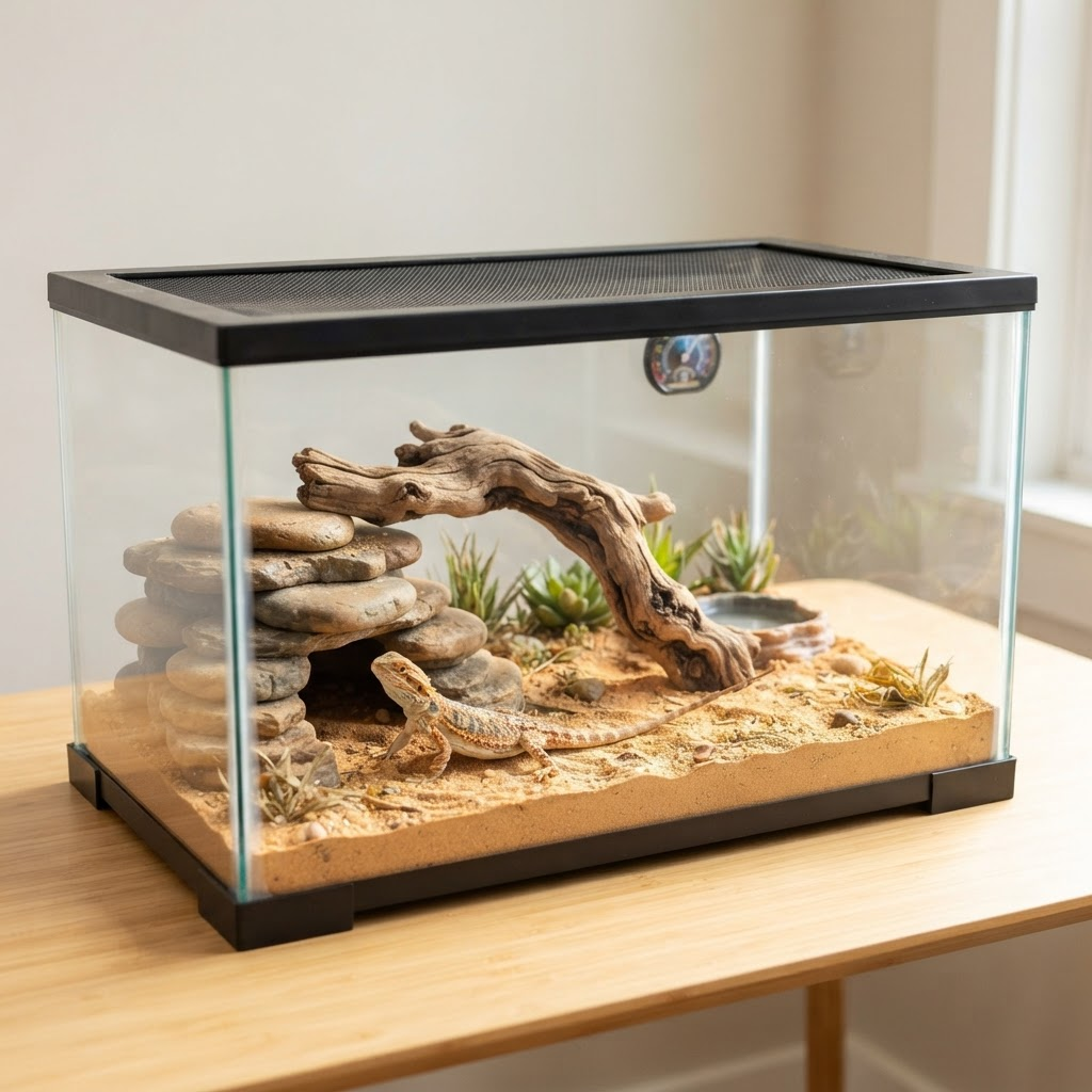 Desert terrarium box with warm sand, stacked rocks, a rock cave hideout, and driftwood