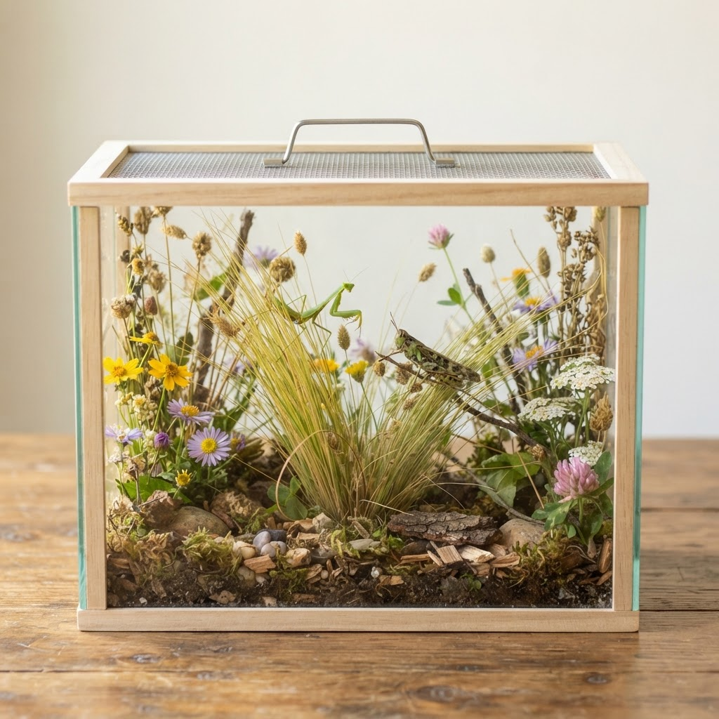 Prairie meadow terrarium box with tall grasses, wildflowers, a praying mantis, and a grasshopper