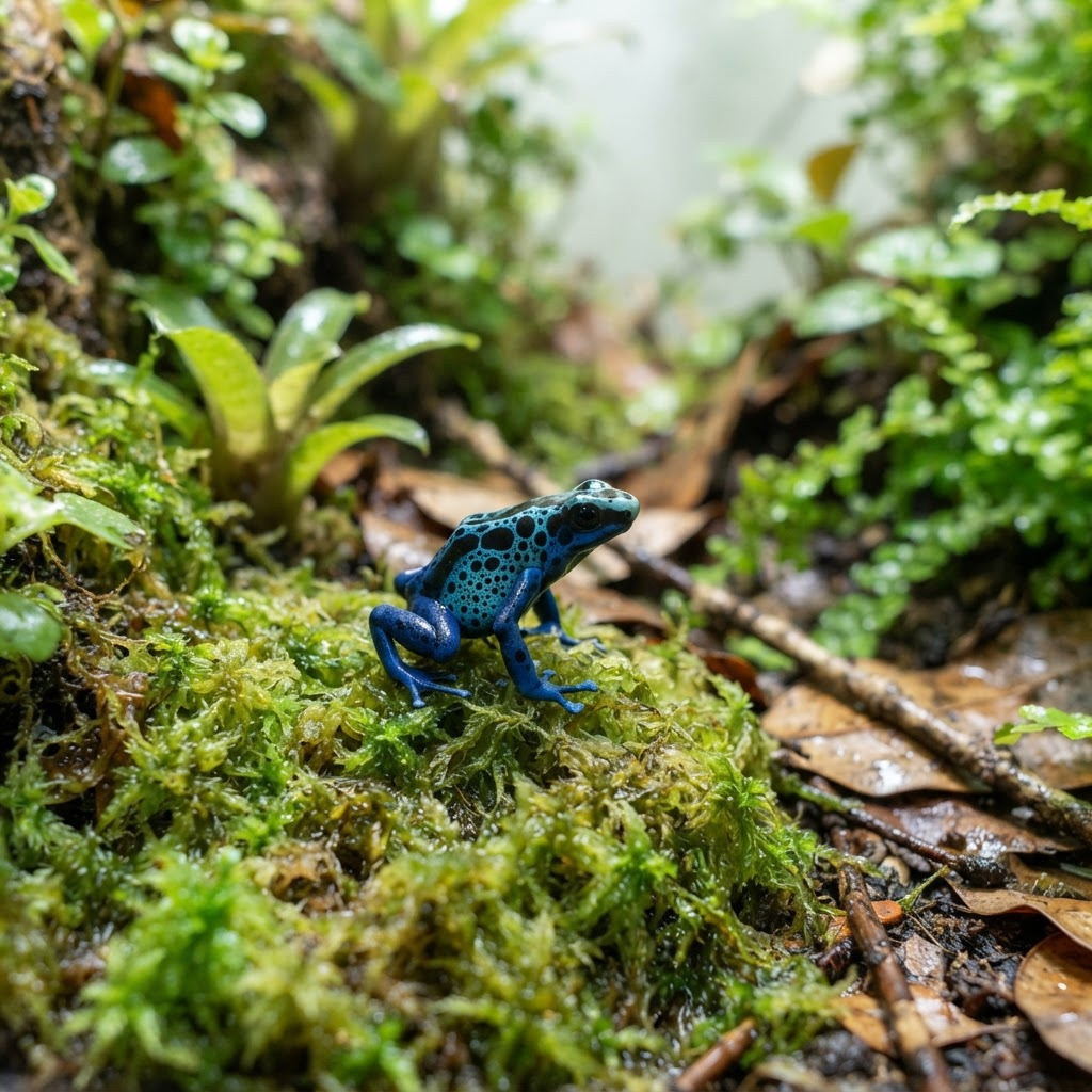 Colorful dart frog sitting on green moss inside a bioactive vivarium