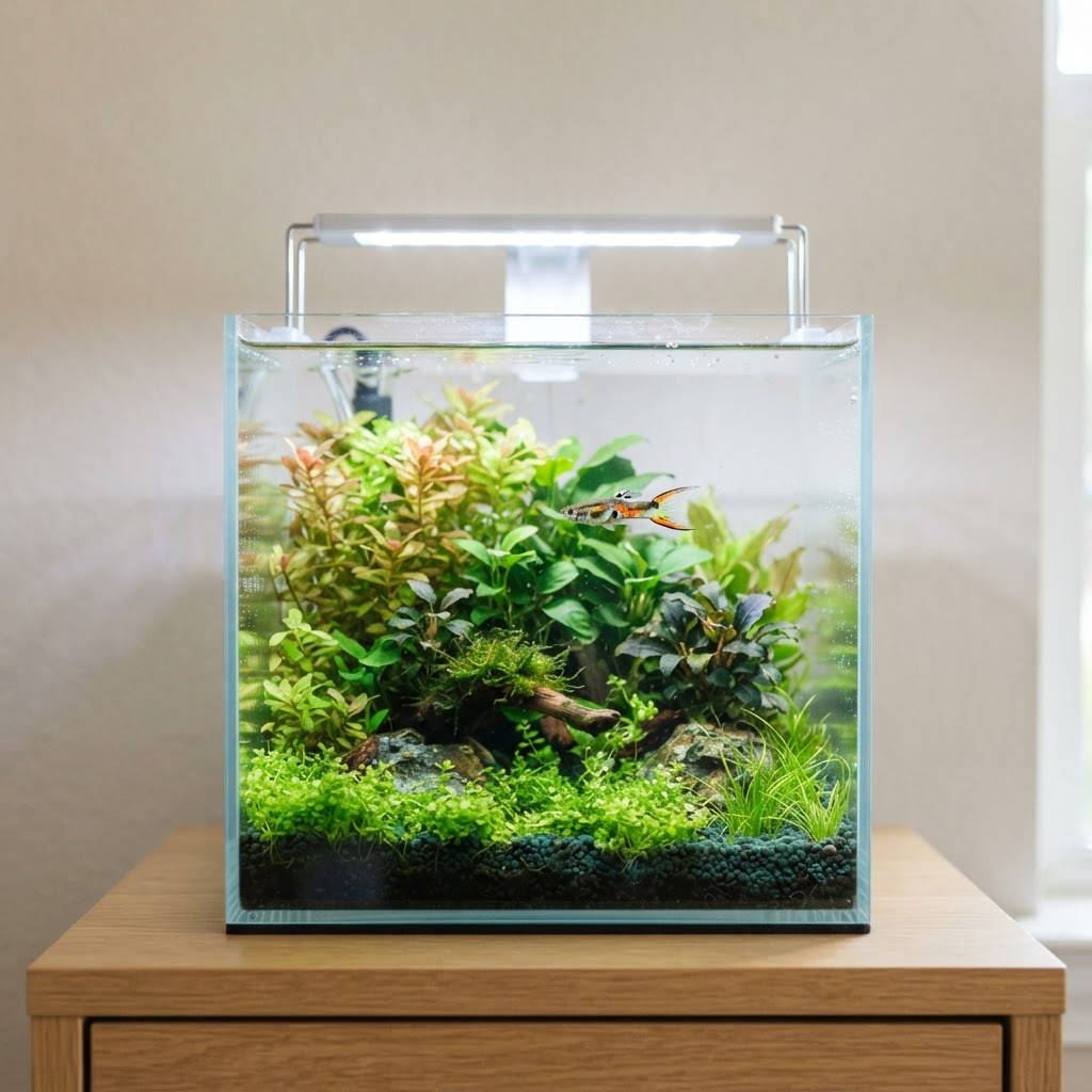Small planted nano freshwater aquarium with green plants and a colorful fish