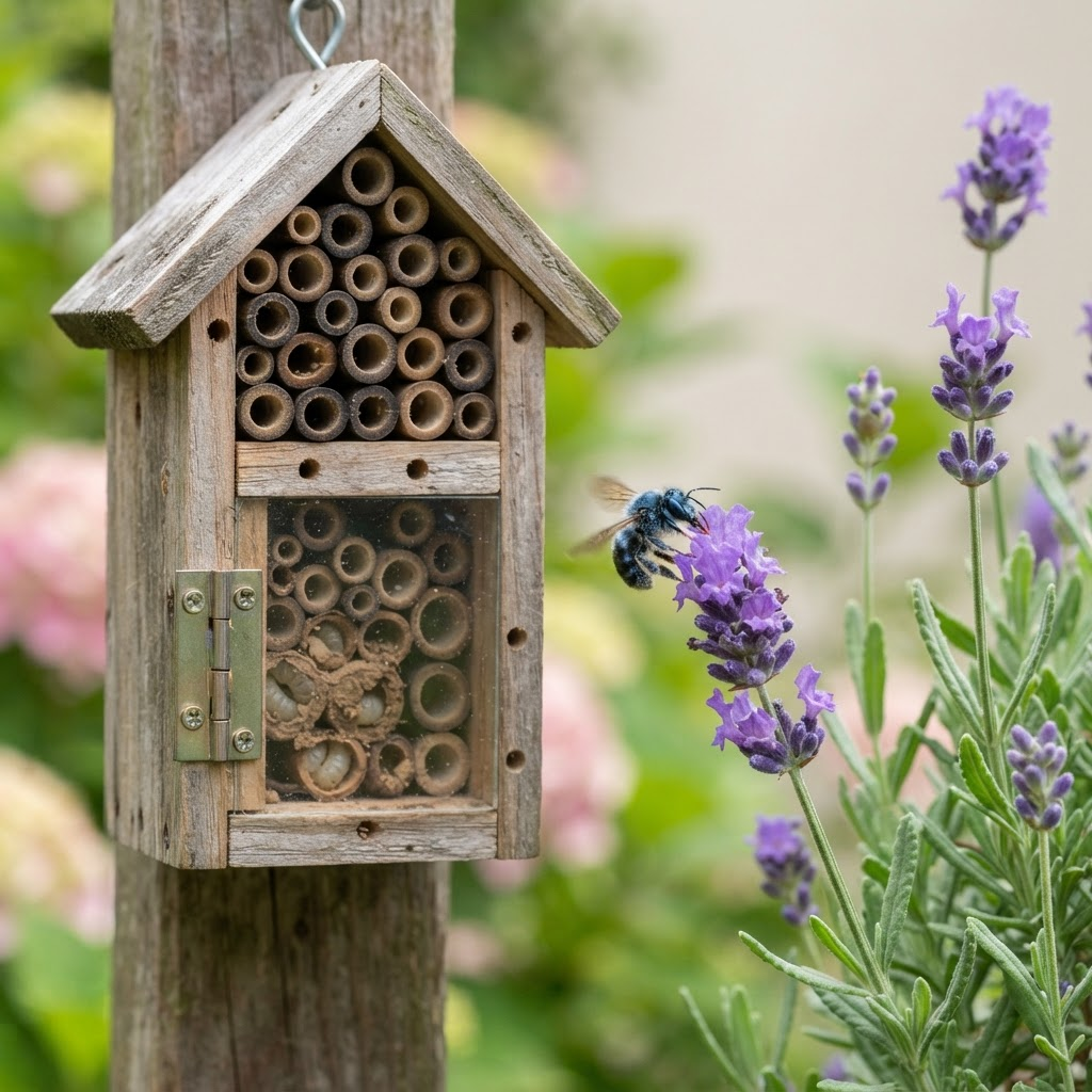 Gentle bee on a flower beside a wooden solitary-bee observation house