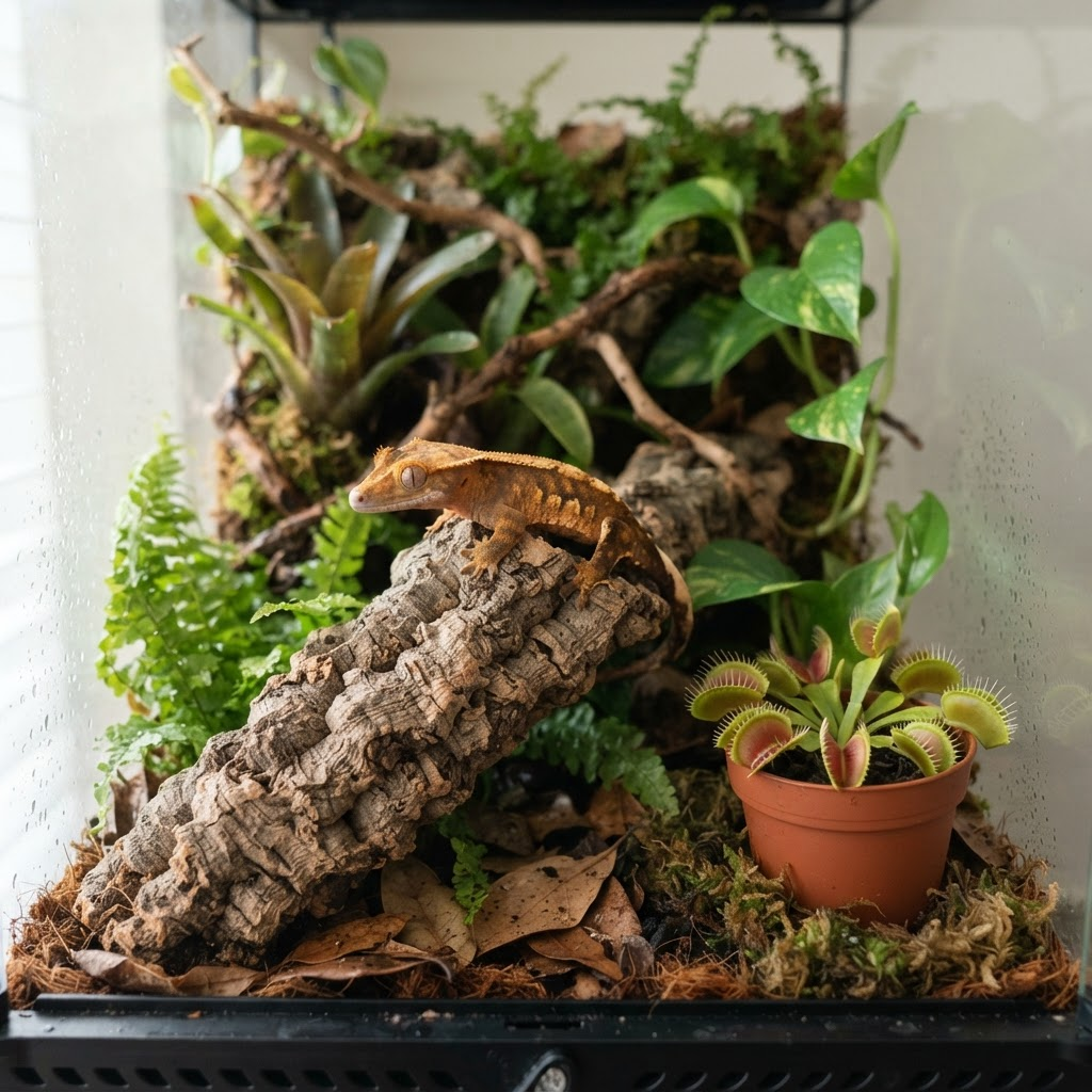 Beginner crested gecko on cork bark next to a small Venus flytrap