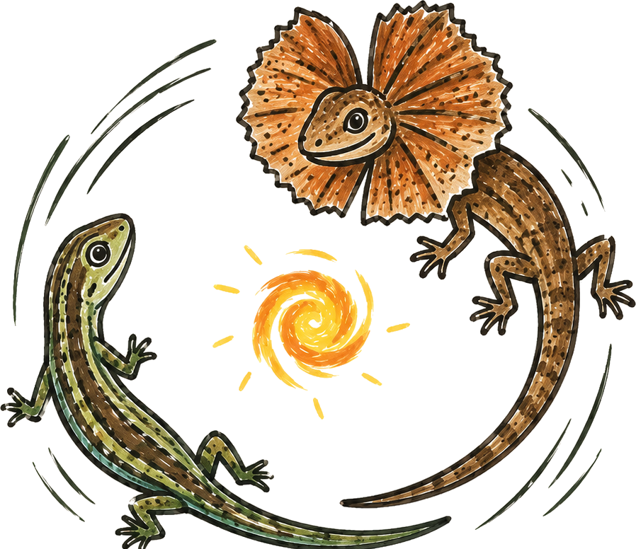 Creature Corner logo: two lizards circling a sun