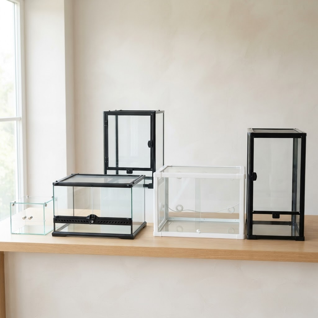 A row of clean modern glass and PVC terrarium enclosures in different sizes