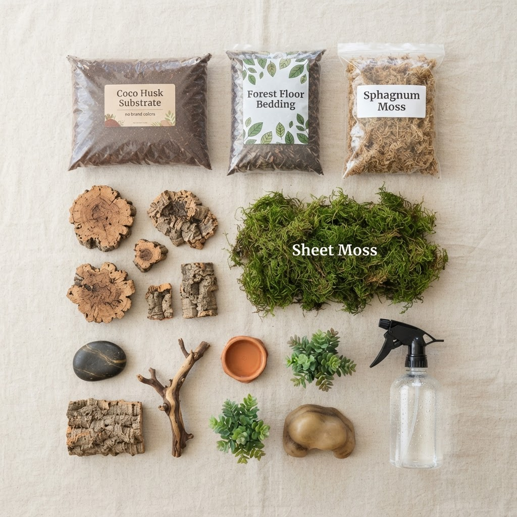 Flat-lay of habitat supplies: substrate bags, cork bark, moss, décor, and a misting bottle